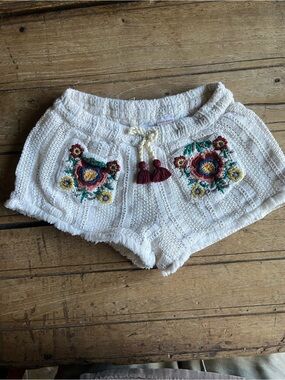 Zara Cream Crochet Athletic Shorts with Multicolor Floral Embroidery